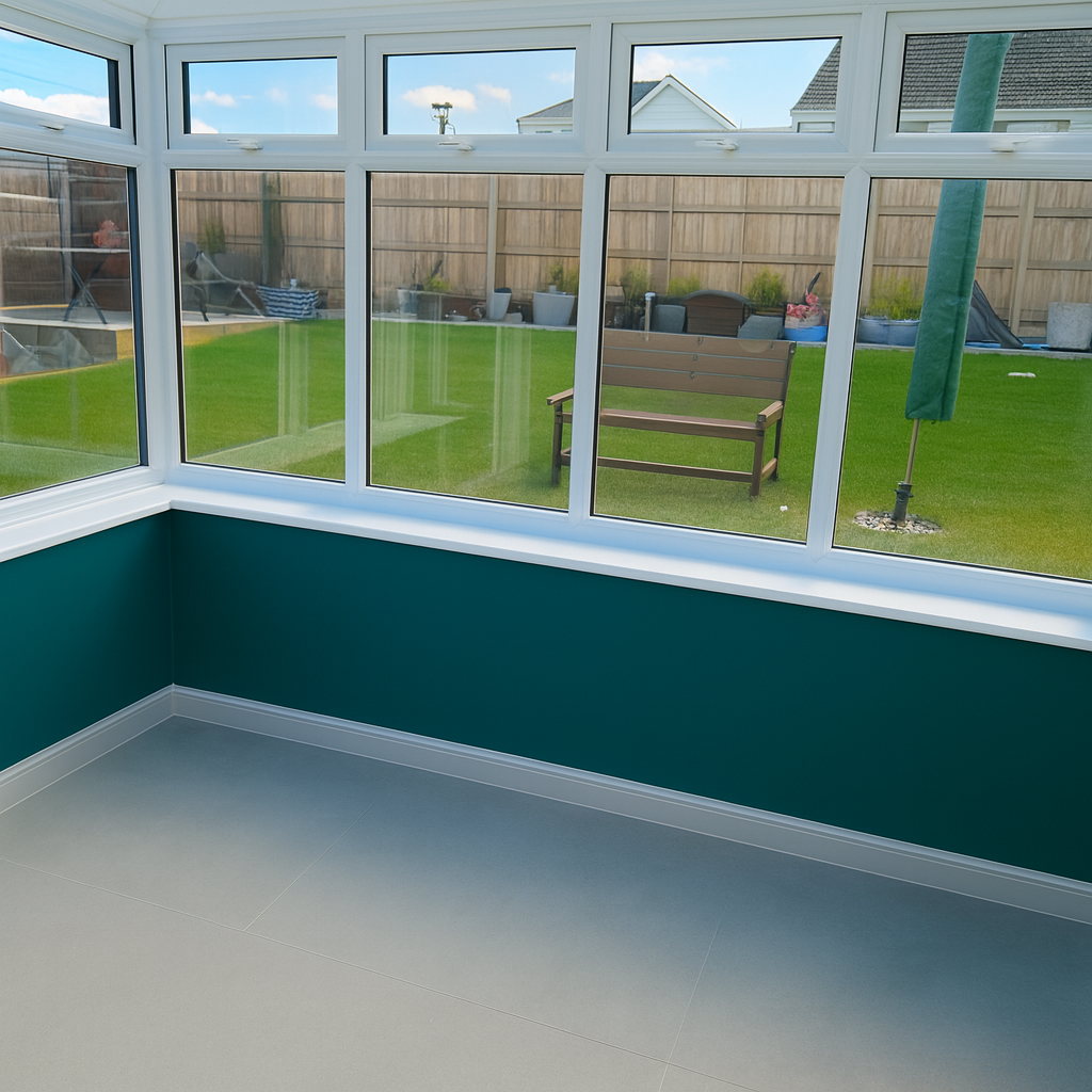 Energy-efficient plastered conservatory walls with modern painted finish