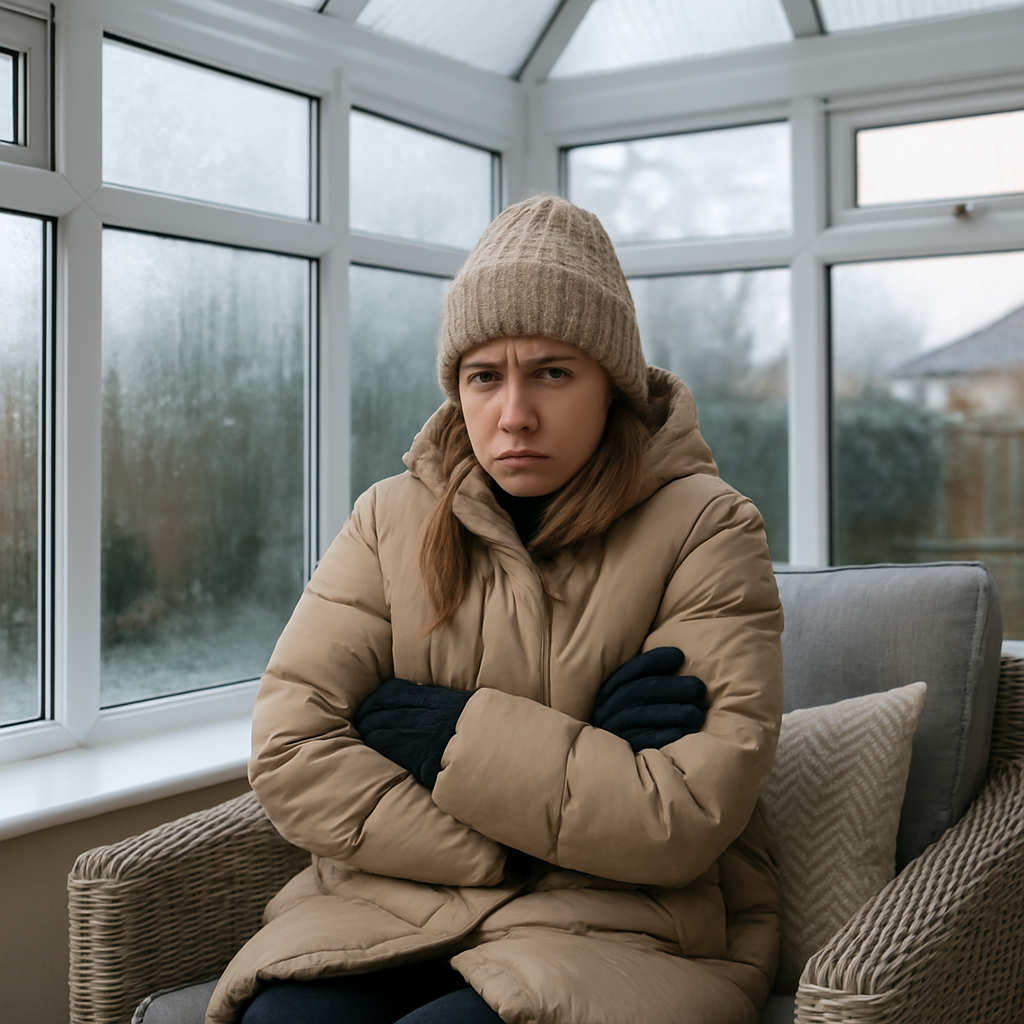 a very cold conservatory in winter trying to keep warm a very cold conservatory in winter trying to keep warm